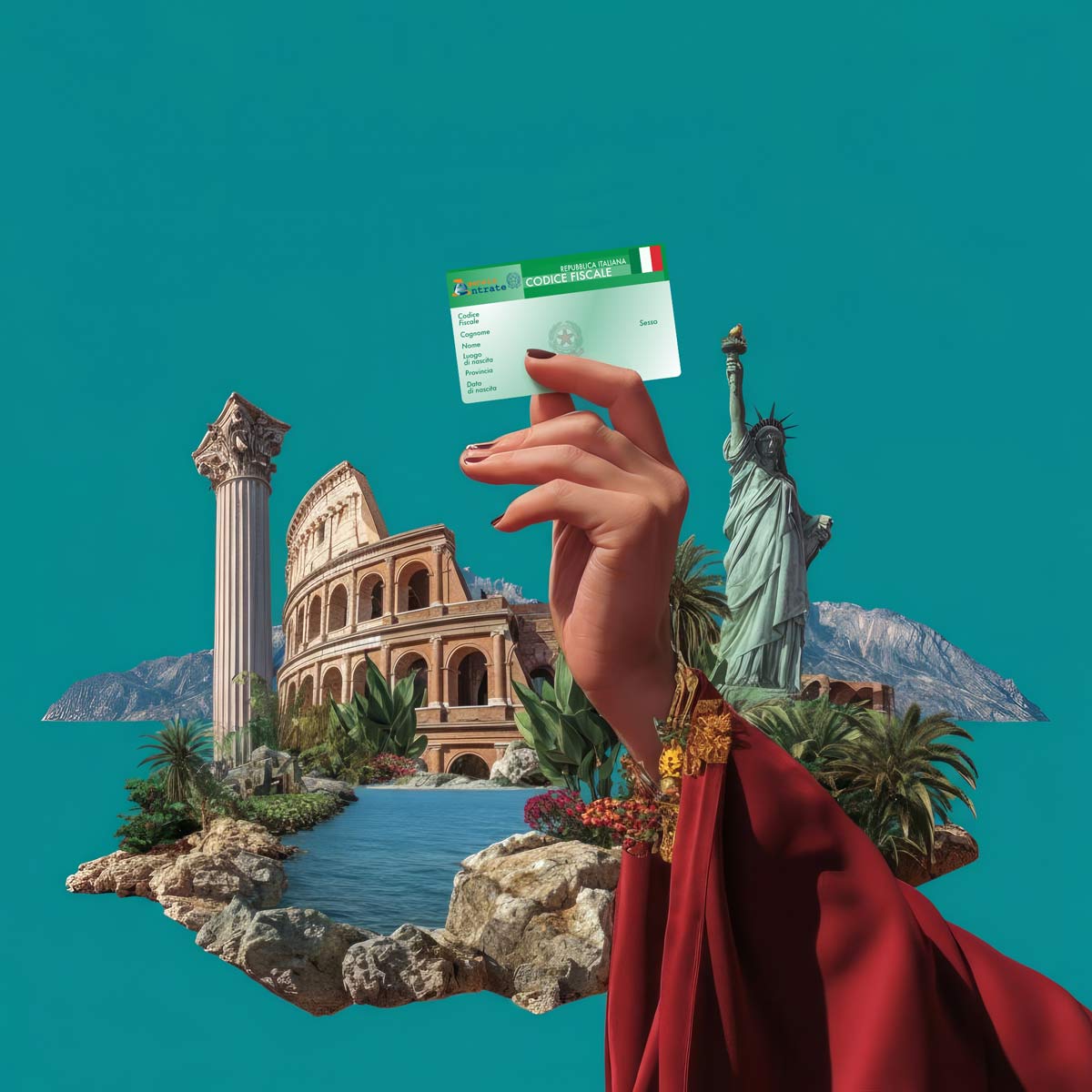 Illustrazione di una tessera del Codice Fiscale accanto a scene della vita quotidiana italiana