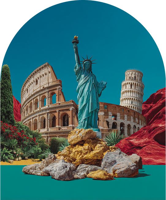 Collage di monumenti italiani accanto alla Statua della Libertà, simbolo delle radici americane e italiane di The Italian Bureau
